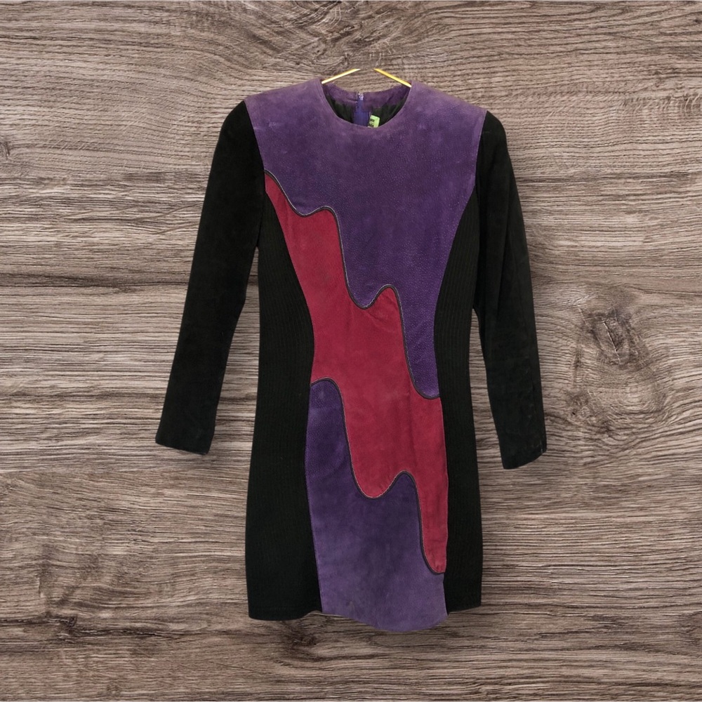 VTG 80s 90s Leather Suede Bodycon Mini Party Dress Colorful Purple Small
